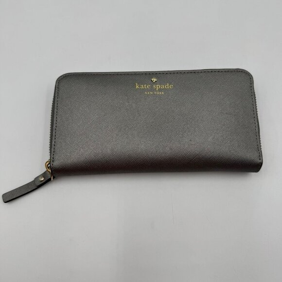 Kate Spade New York Gray Leather Zip-Around Wallet With 12 Card Slots & Interior - Picture 1 of 14